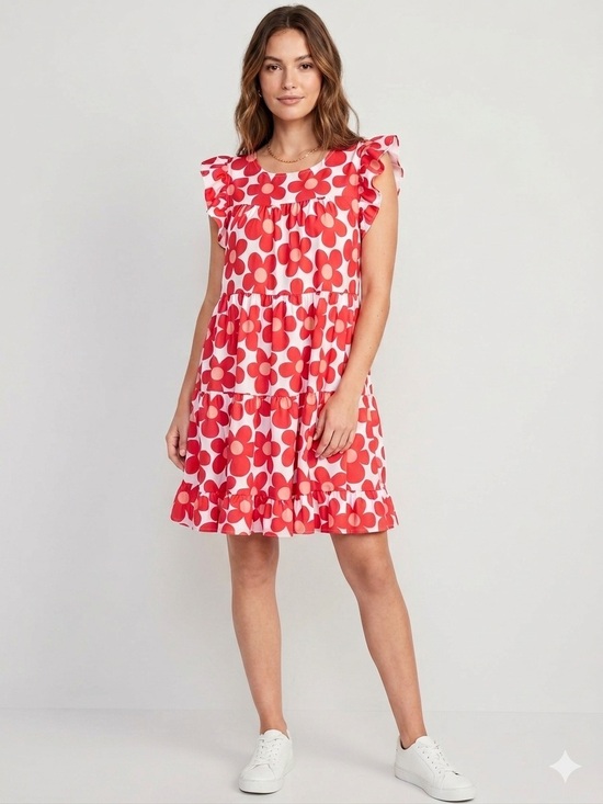 None Dresses & Skirts - Red and White Flower Sundress with Ruffle Sleeves Size Small Tiered Floral Dress